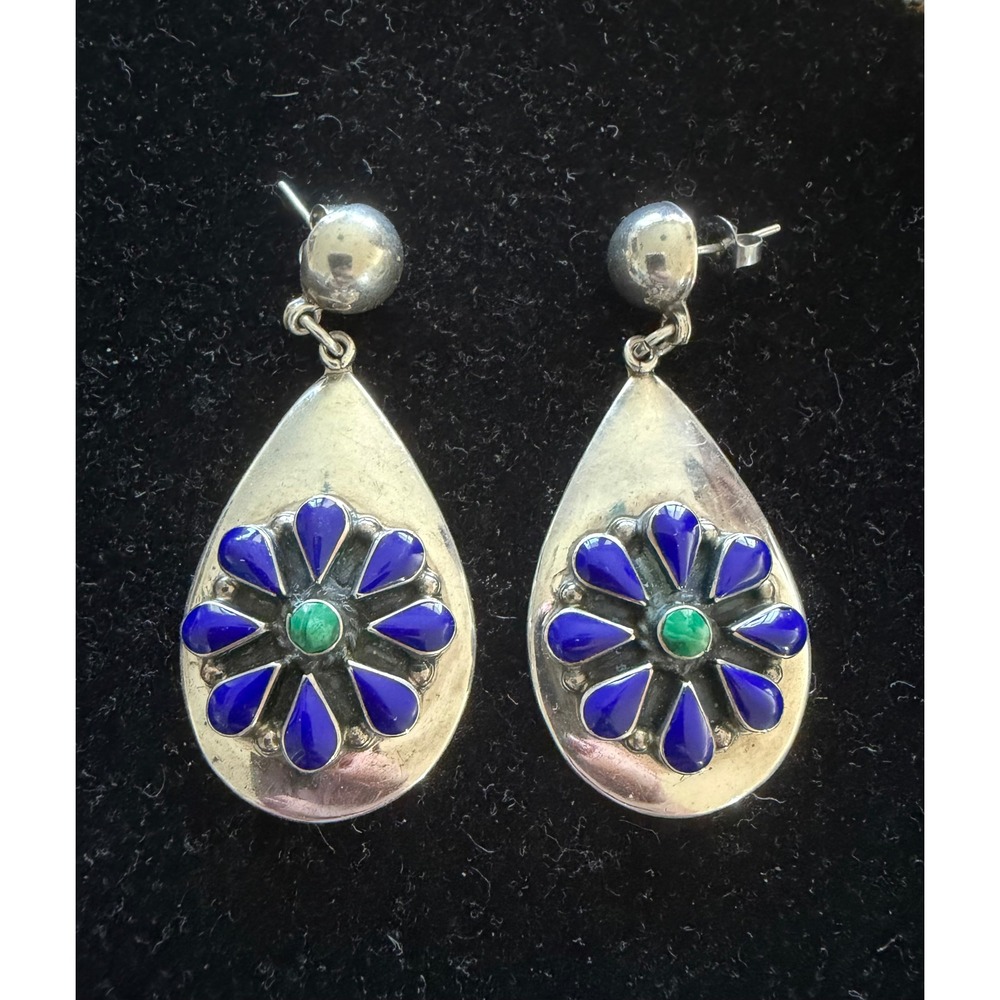 Taxco Mexico Sterling Silver Blue Lapis & Malachite Dangle Earrings